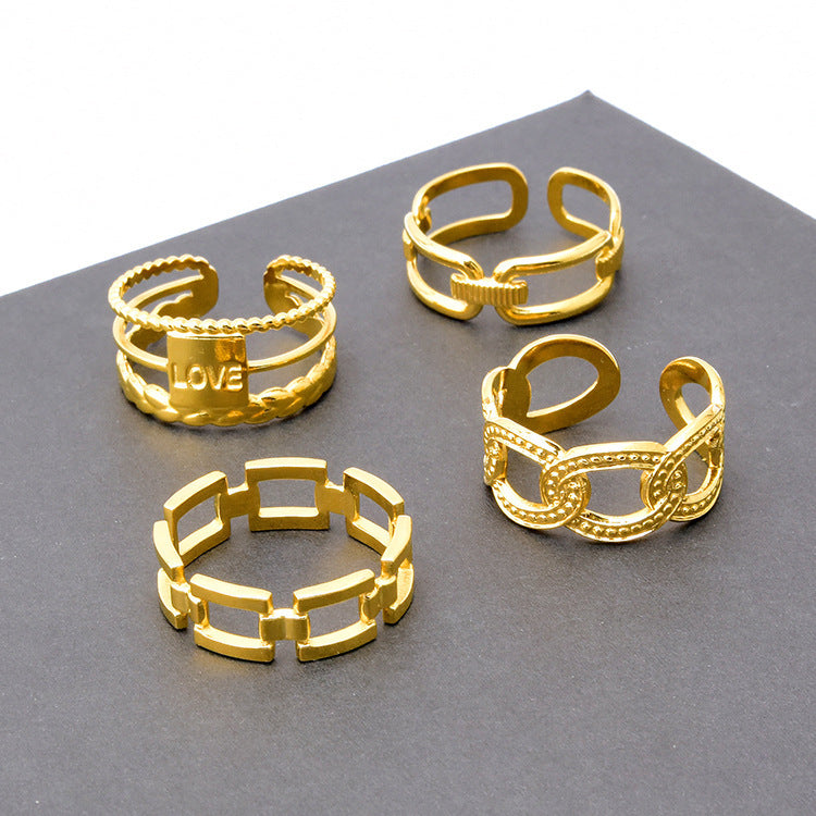 Wide Hollow Titanium Ring Adjustable Gold Tone Style