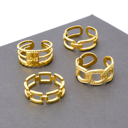 Wide Hollow Titanium Ring Adjustable Gold Tone Style