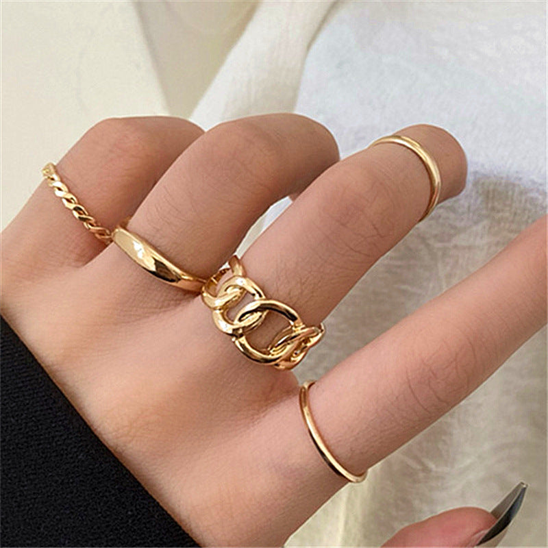 Womens Five Piece Ring Set Hollow Chain Geometric Copper Rings Korean Fashion Jewelry Stackable Statement Ring