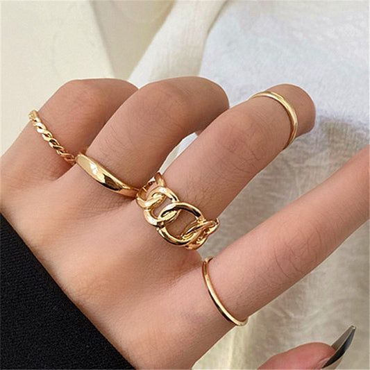 Womens Five Piece Ring Set Hollow Chain Geometric Copper Rings Korean Fashion Jewelry Stackable Statement Ring