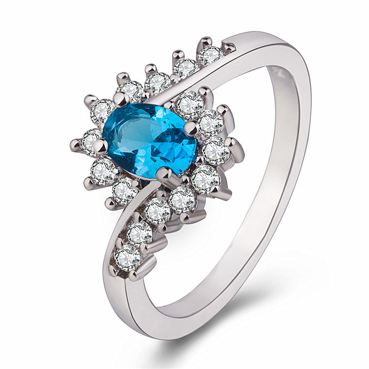 Simple And Elegant Oval Stone Ring Dark Blue Rhinestones White Gold Color Navy Blue Rhinestones Platinum Color