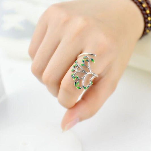 Copper Adjustable Ring With Green Leaf Twig Design Inlaid Zircon Gem Ethnic Style Travel Gift For Everyday Wear