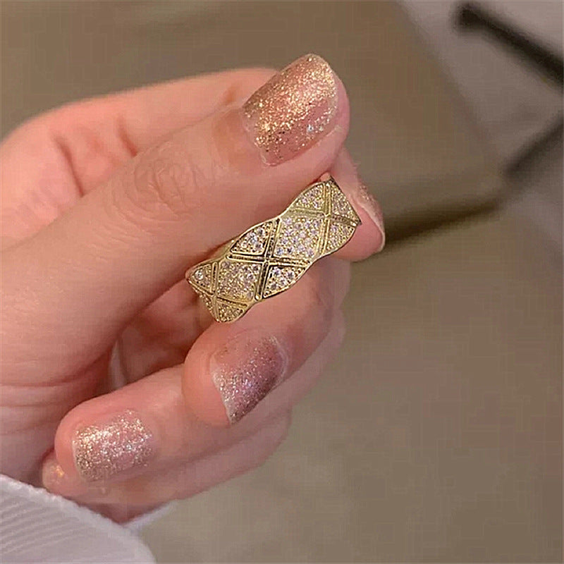 Copper Ring Exquisite Wide Version Korean Style Gold Plated Inlaid Zircon Adjustable Ring For Women Elegant Accessory