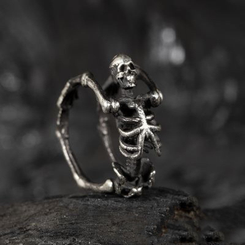 925 Sterling Silver Rock Dark European And American Trend Full Body Skeleton Yoga Skull Ring