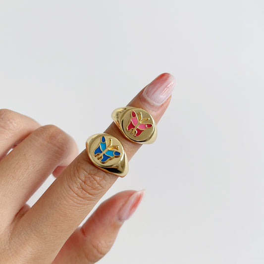 Copper Butterfly Ring Adjustable Open Design Insect Inspired Electroplated Finish Gift For Her Red Blue Elegant