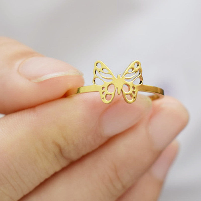 Unisex Titanium Steel Butterfly Ring With Bi Wing Design Vacuum Plated Fashion Jewelry Golden and Steel Golden