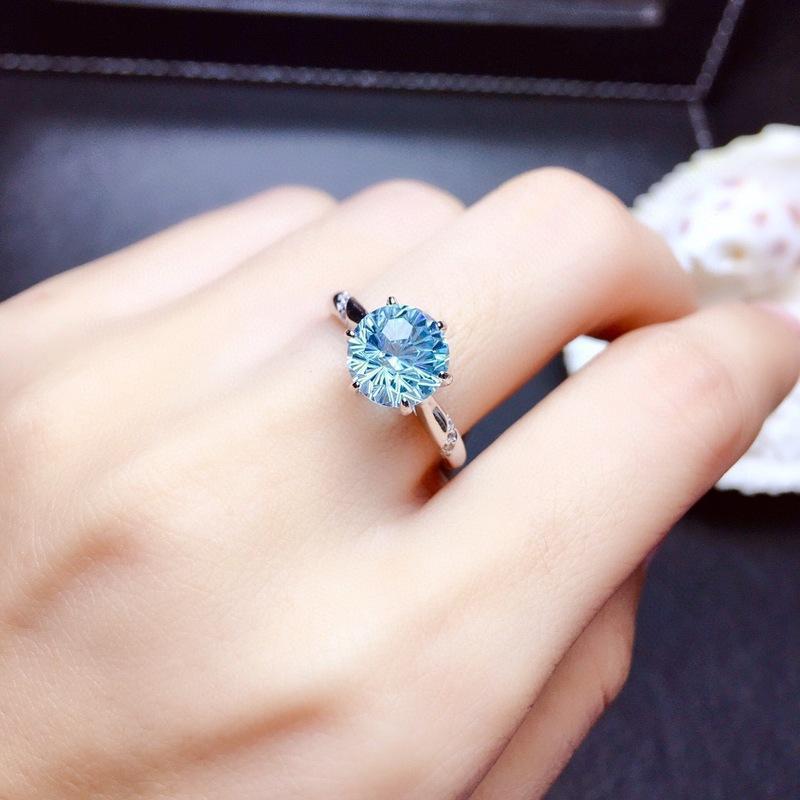 Womens Ring Natural Sky Blue Topaz Fireworks Cut Adjustable Opening Geometric Copper Elegant Fashion Jewelry