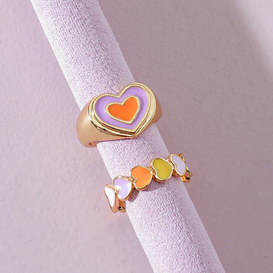 Peach Heart Ring Set Geometric Agate Inlaid Alloy Jewelry