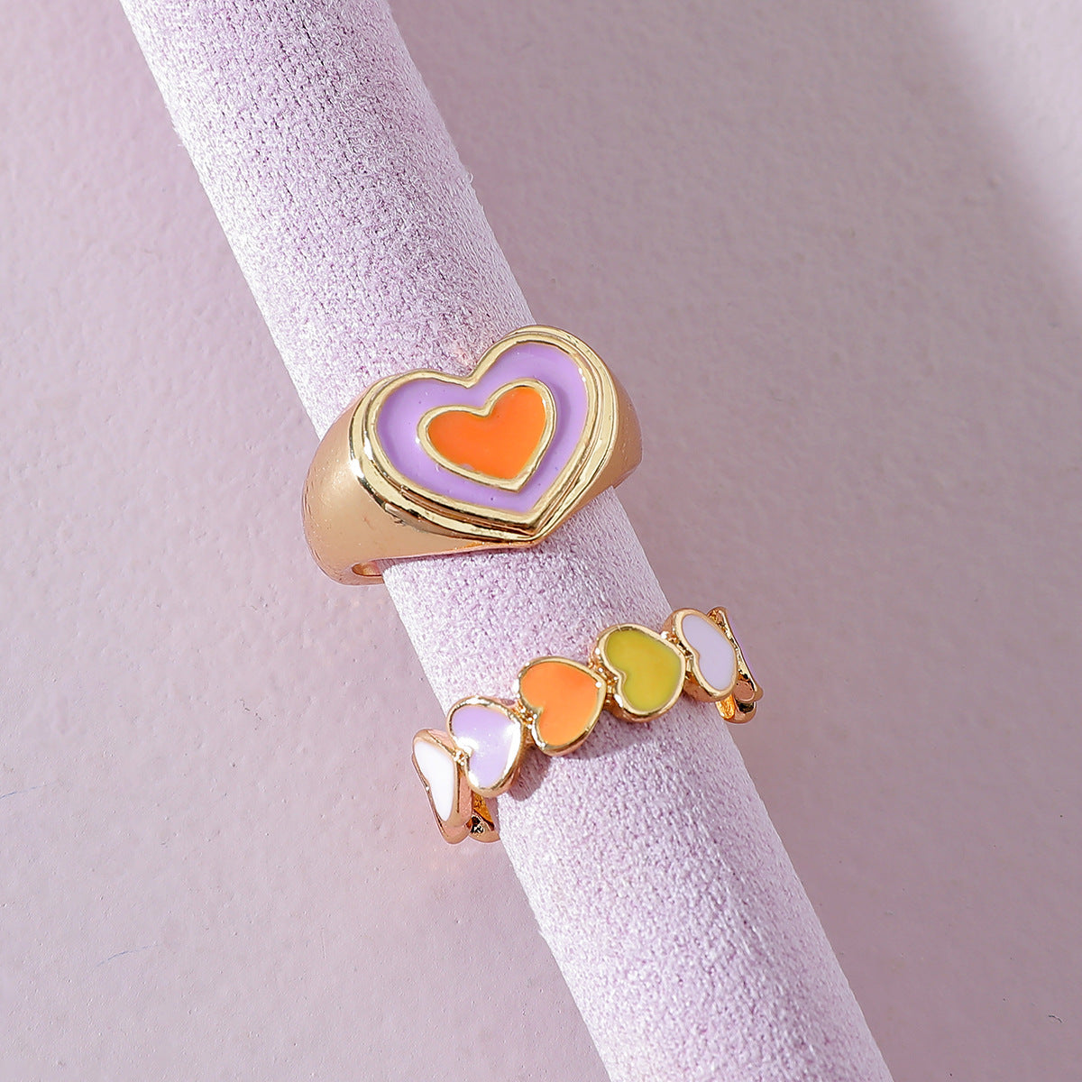 Peach Heart Ring Set Geometric Agate Inlaid Alloy Jewelry