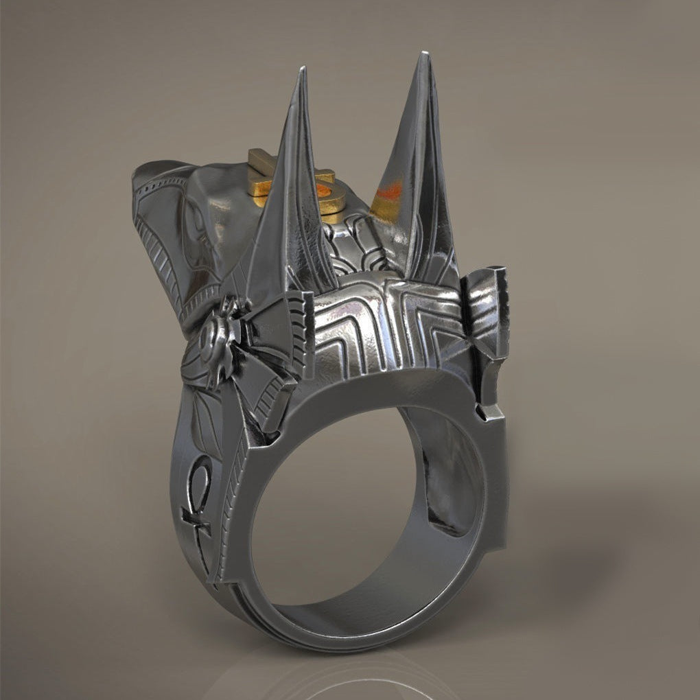 Mens Ring Retro Anubis Wolf Head Ring Electroplated Alloy Fashion Ring Unique Design Stylish Gift Silver Size7