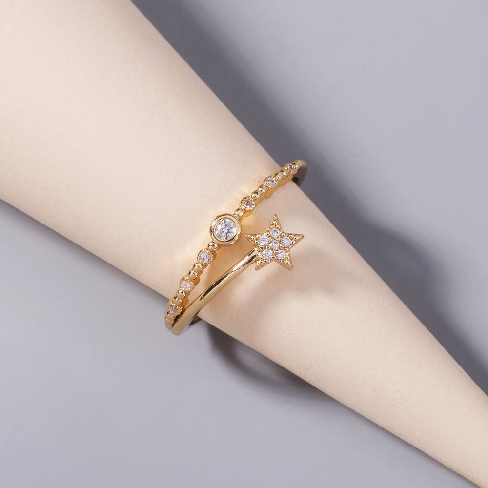 Gold Ring With Geometric Five Point Star Design Inlaid Copper Zircon Jewelry Gift For Her Elegant Shine Finish