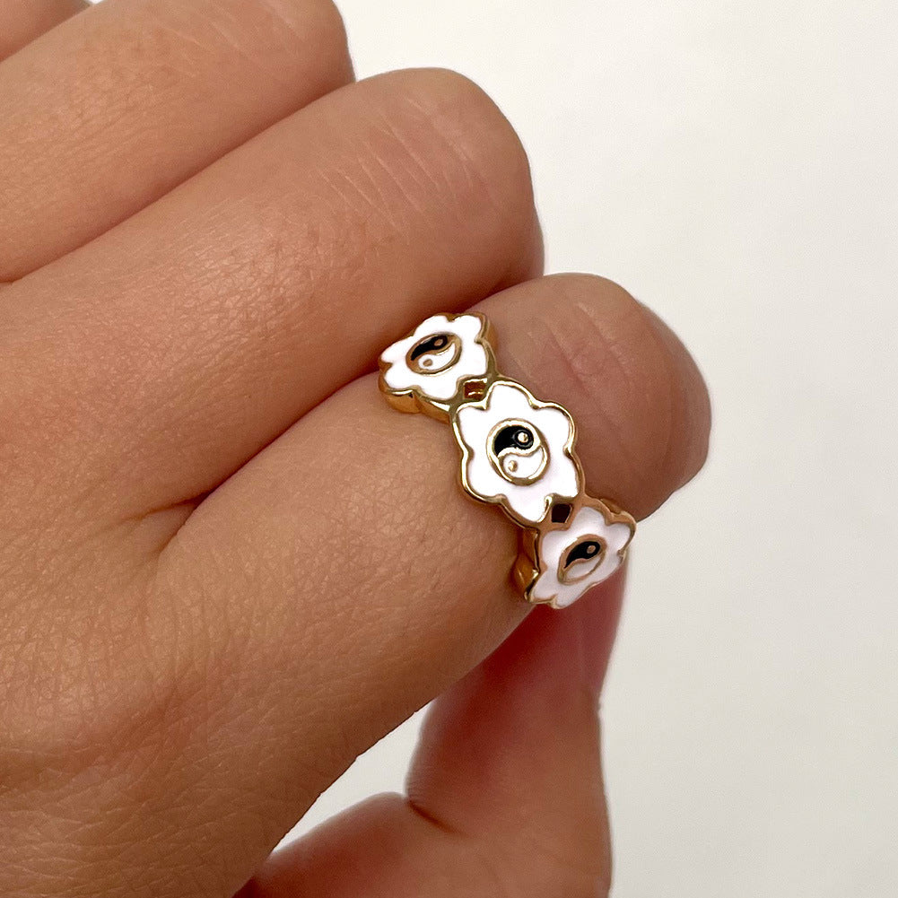 Womens Alloy Ring Drip Oil Color Flower Design Bagua Style Elegant Floral Ring For Women Fashion Jewelry Trend