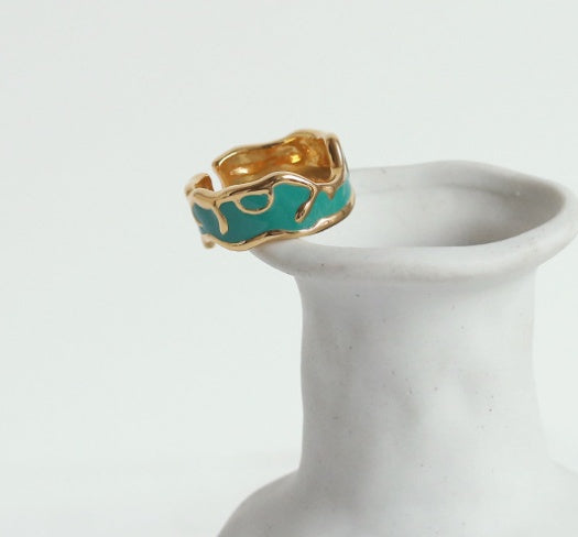 Womens Brass Ring With Emerald Green Dripping Oil Handmade Geometric Ring European American Retro Fashion Gift
