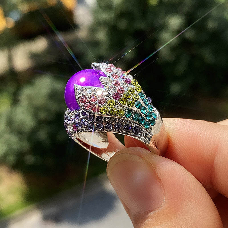 Women Crystal Inlaid Petal Ring In Alloy Band Retro Dazzling Statement Jewelry For Fashion Elegant Style Items