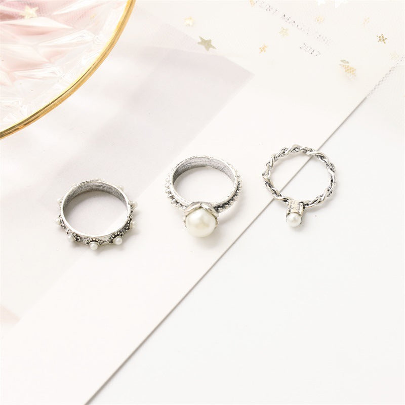 Womens Geometrical Alloy Rings Set Of 3 Electroplated Pearl Rings Retro Fashion Statement Bronze Ancient Silver