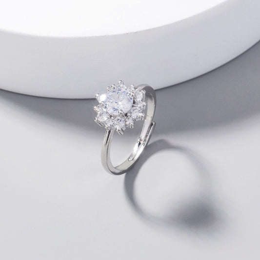 Sunflower Ring Adjustable Silver Plated Copper With Zircon Inlay Elegant All Match Design Gift For Women Style