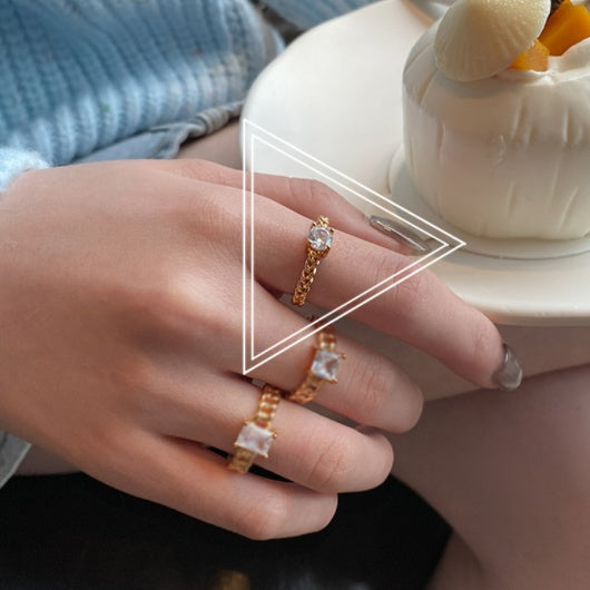 Womens Adjustable Copper Ring With European Gold Chain Baguette Design Braided Round Stone Square Gem Ring Set