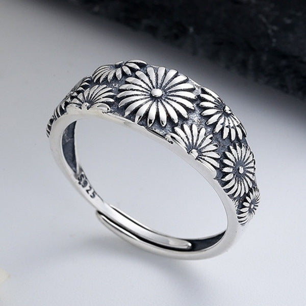 Womens Daisy Flower Vintage Alloy Electroplated Ring Thai Silver Ring European Design Ring American Design Ring
