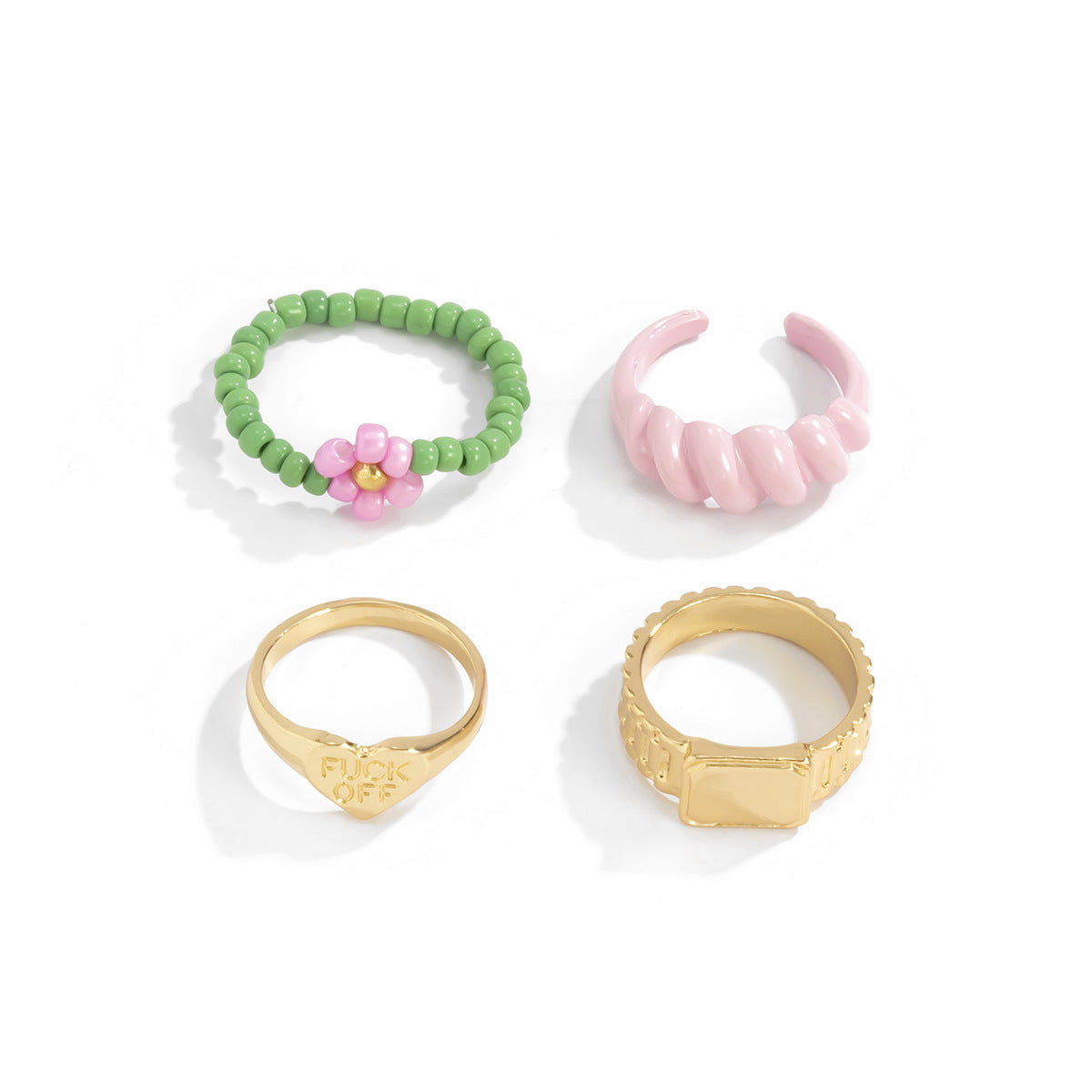 Vintage Golden Ring Set Woven Alloy Rings With Rice Beads Small Contrast Color Design Golden Daisy Rings For Women