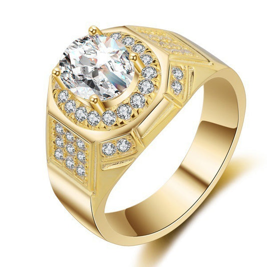 Men's 18K Gold Plated Zircon Engagement Ring Geometric Design European American Style Durable Wedding Band AAA