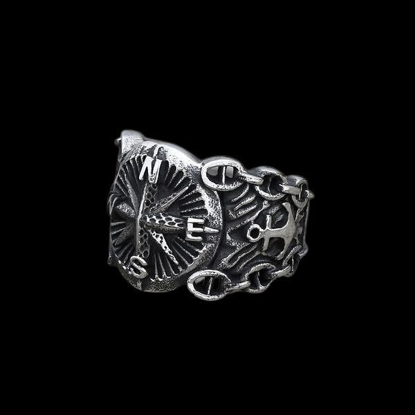 Stainless Steel Anchor Ring Boiled Black Polished Compass Ring For Men And Women Fashion Unisex Everyday Wear Style
