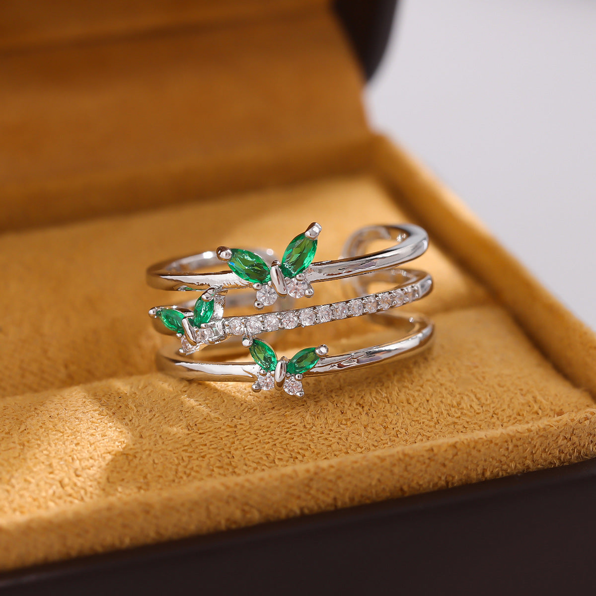 Green Wings Diamond Butterfly Ring For Women Adjustable