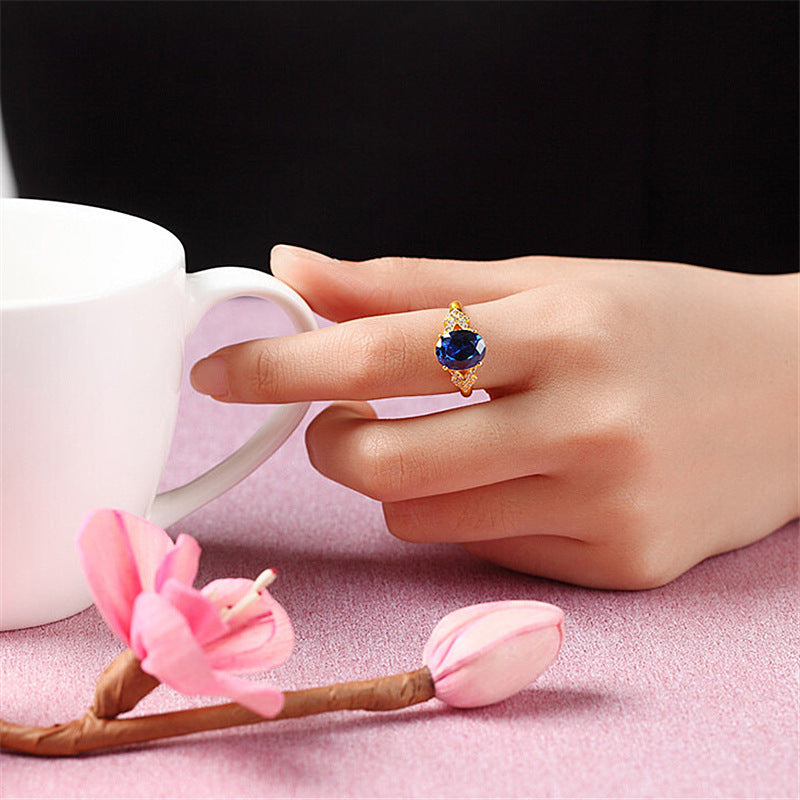 Unisex Gold Plated Sapphire Ring Opening Ring Adjustable Wedding Band Tanzanite Diamond Geometric Jewelry Gift