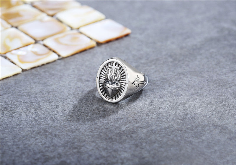 Titanium Steel Cross Heart Ring For Men And Women Retro Design Fashion Jewelry Durable Wedding Band Engagement