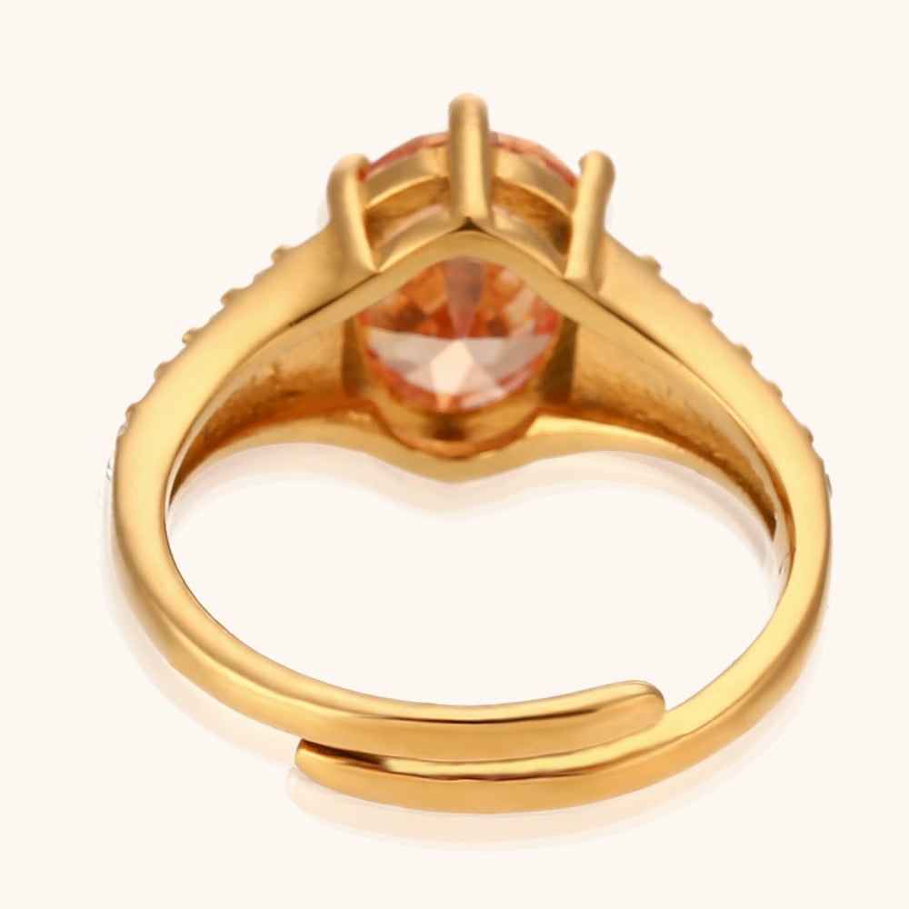 Women Stainless Steel Ring Adjustable Opening Oval Zircon Gemstone Simple Luxury Dark Champagne White Diamonds