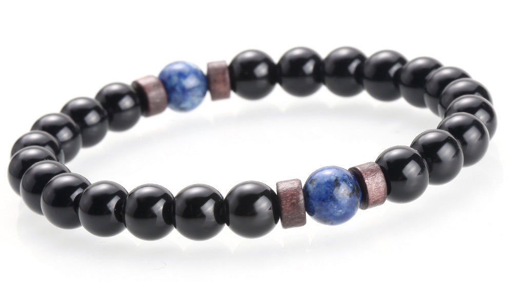 Unisex Volcanic Stone Beaded Bracelet With Alloy Inlay Gemstone Accent Fashion Jewelry Gift For Men MatteBlack