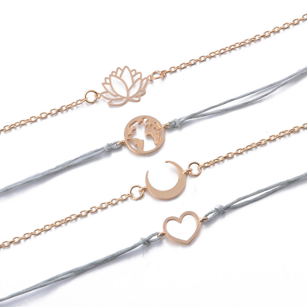 Gold Bracelet Set Five Piece Hand Woven Moon Earth Lotus Peach Heart Charms Adjustable Length 17cm 18cm Tail 5cm