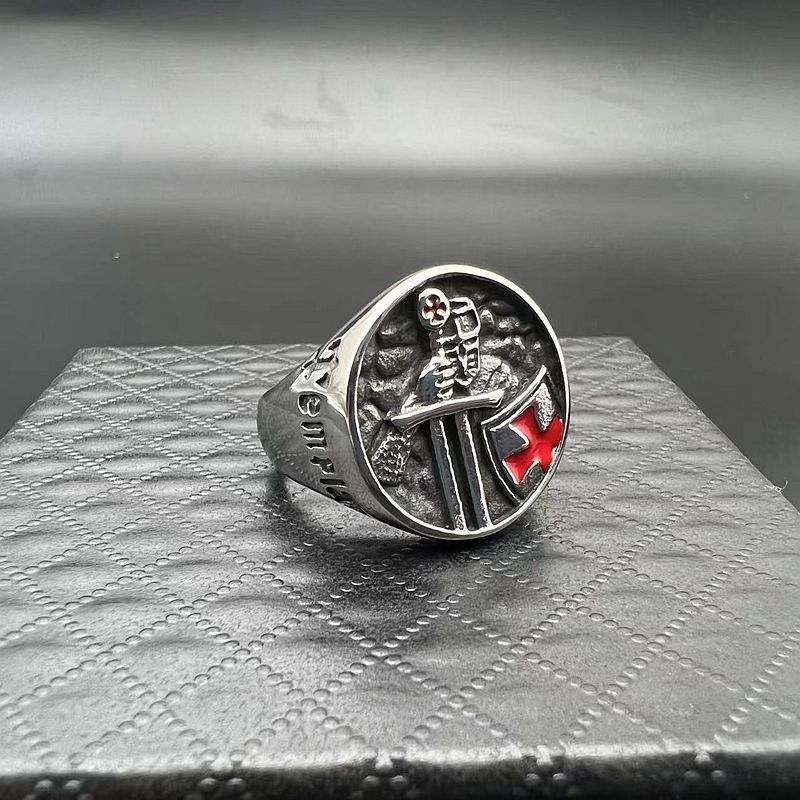 Titanium Steel Templar Templar Samurai Inscription Red Epoxy Cross Men's Ring