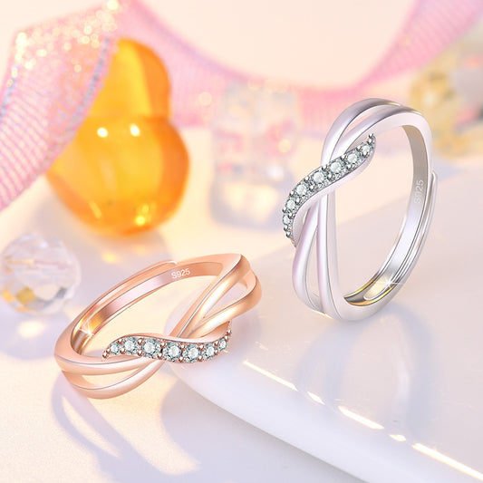 Rose Gold Plated Copper Ring With Full Diamond Wave Design Twist Arm Curve Band For Women Dainty Elegant Jewelry Gift