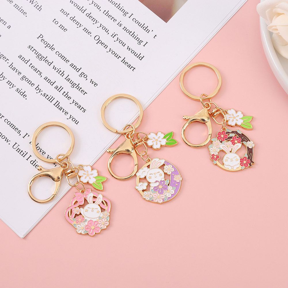 Rabbit Keychain Cartoon Keyring With Cherry Blossom Decoration Flower And Leaf Design Alloy Key Trendy Keyring