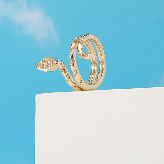 Snake Design Adjustable Copper Plated Ring With Zircon For Women Gold Tone Fashion Jewelry Elegant Everyday Wear