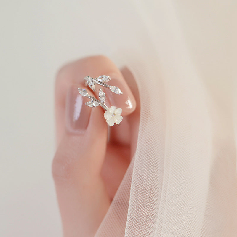 Flower Ring For Women Adjustable Opening Korean Fashion White Gold Electroplated Copper Zircon Accents Floral Jewelry