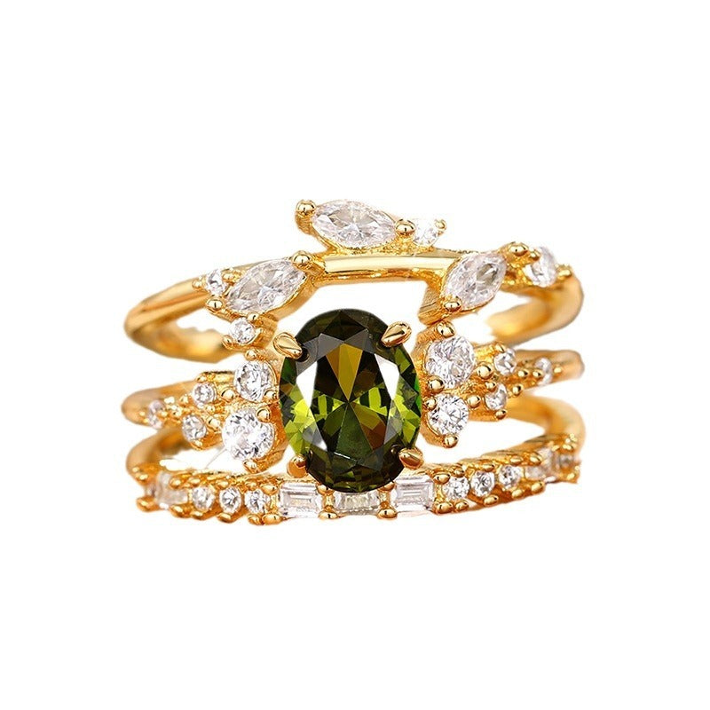 Womens Three Piece Flower Horse Eye Ring Set Copper Gold Tone Micro Inlay Fashion Jewelry Durable Elegant Versatile