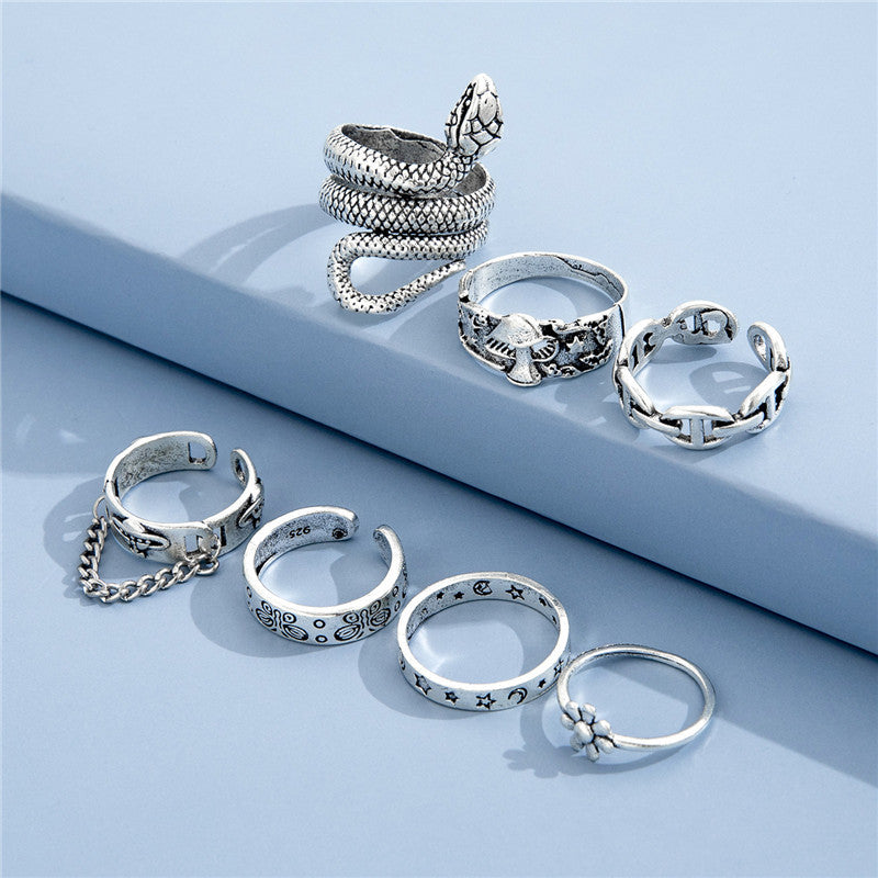 Women Alloy Ring Set Featuring Snake Butterfly Flower And Mushroom Designs Fashion Jewelry European Style Chic