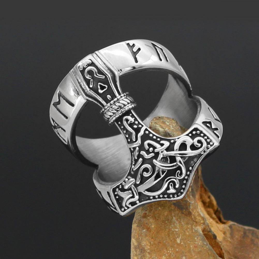 Mens Viking Hammer Ring Stainless Steel Geometric Design Vintage Norse Mythology Inspired Adornment Of Quality