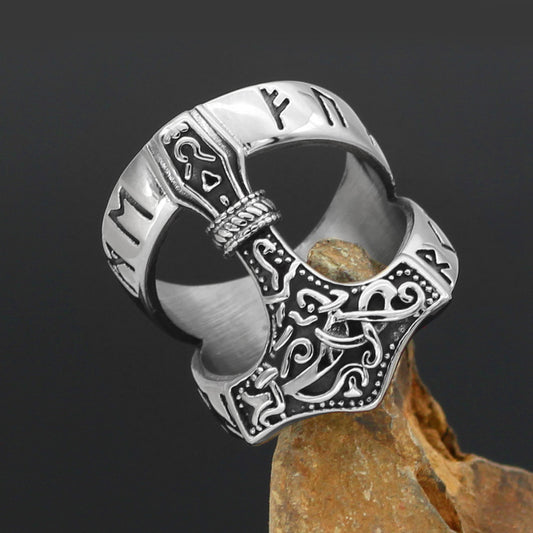 Mens Viking Hammer Ring Stainless Steel Geometric Design Vintage Norse Mythology Inspired Adornment Of Quality