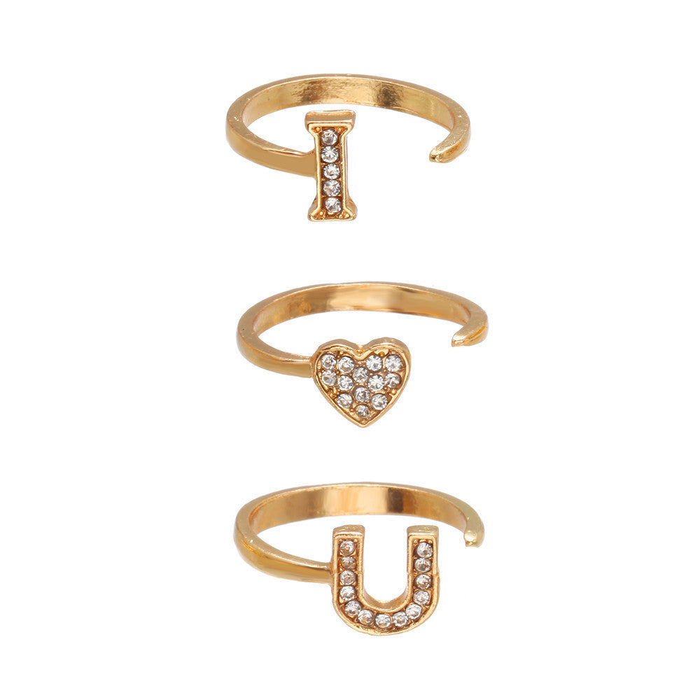 Unisex Gold Plated Letter Ring Geometric Design Alloy With Artificial Gems Electroplated Finish European Style European