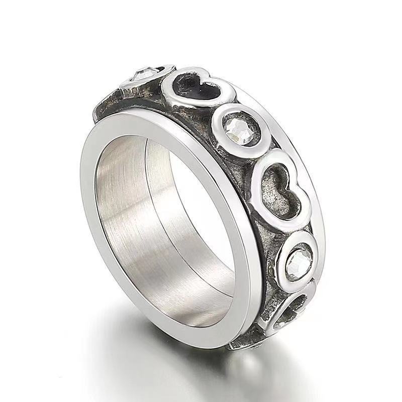 Womens Heart Shaped Ring Diamond Studded Index Finger Ring Titanium Steel Fashion Jewelry Gift For Her Gold and Steel Color Design For Women and Girls