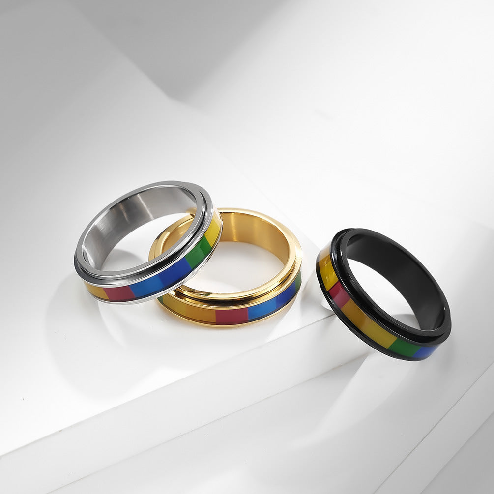 Unisex Rainbow Ring Titanium Steel Band Gold Black Electroplated Gift For Him Or Her Colorful Rainbow Finish Up