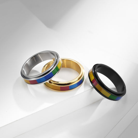 Unisex Rainbow Ring Titanium Steel Band Gold Black Electroplated Gift For Him Or Her Colorful Rainbow Finish Up