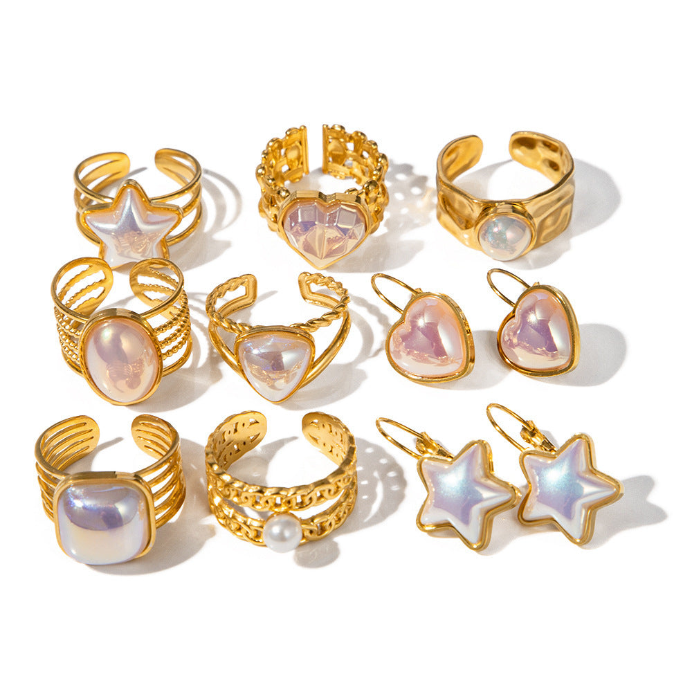 Stainless Steel Colorful Fish Bead Geometric Ring Jewelry