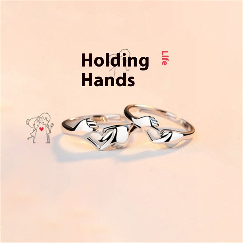 S925 Silver Rings Love Hand Holding Design Adjustable Opening Unisex Pair For Couples Engagement Jewelry Gifts