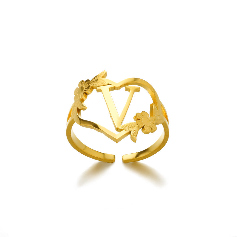 Heart Shaped Initial Rings Women Adjustable Stainless Steel Letters Ring Unisex European Design Letters Numbers