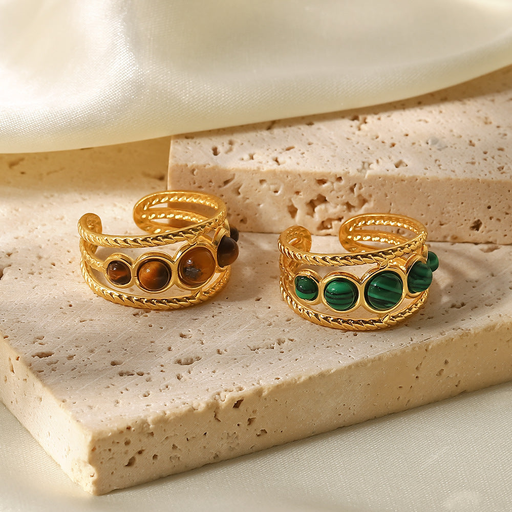 Women Stainless Steel Hollow Ring All Match Five Green Malachite Tigereye Geometric Band Everyday Wear Styles