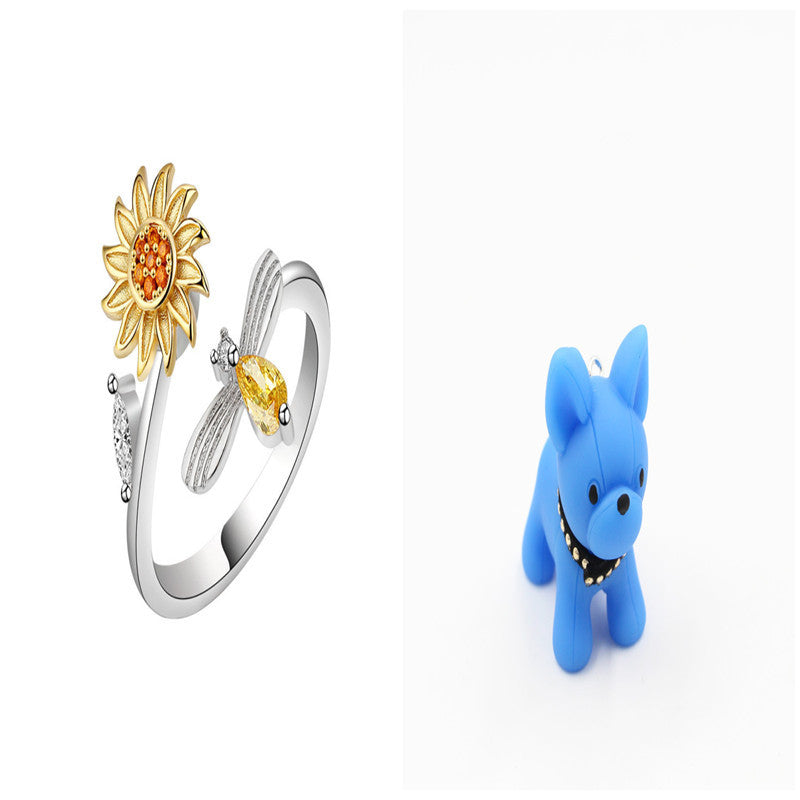 Womens Adjustable Rotating Sunflower Ring Zircon Inlaid Copper White Color Plated Durable Fashion Jewelry Gift