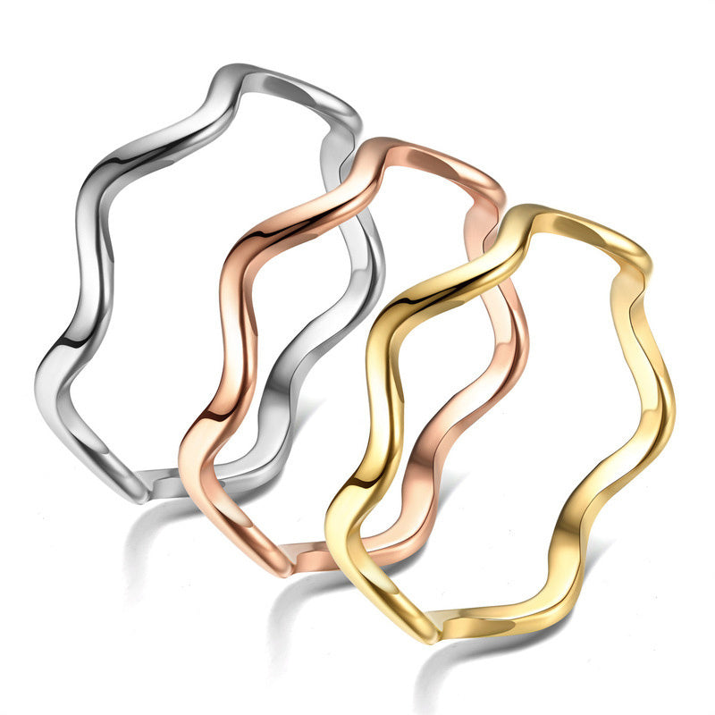 Womens Stainless Steel Wavy Ring Fresh Korean Electroplated Ring Metal Band Fashion Jewelry Gift For Her Steel